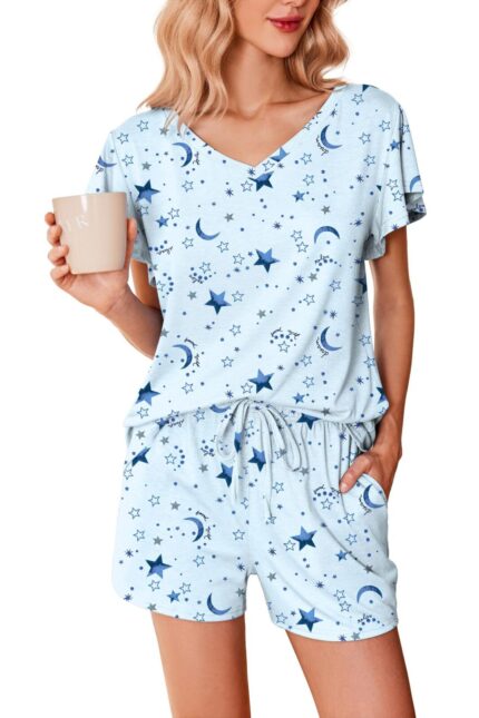 Women's Pajamas Set Ruffle Sleeves Sleepwear V Neck