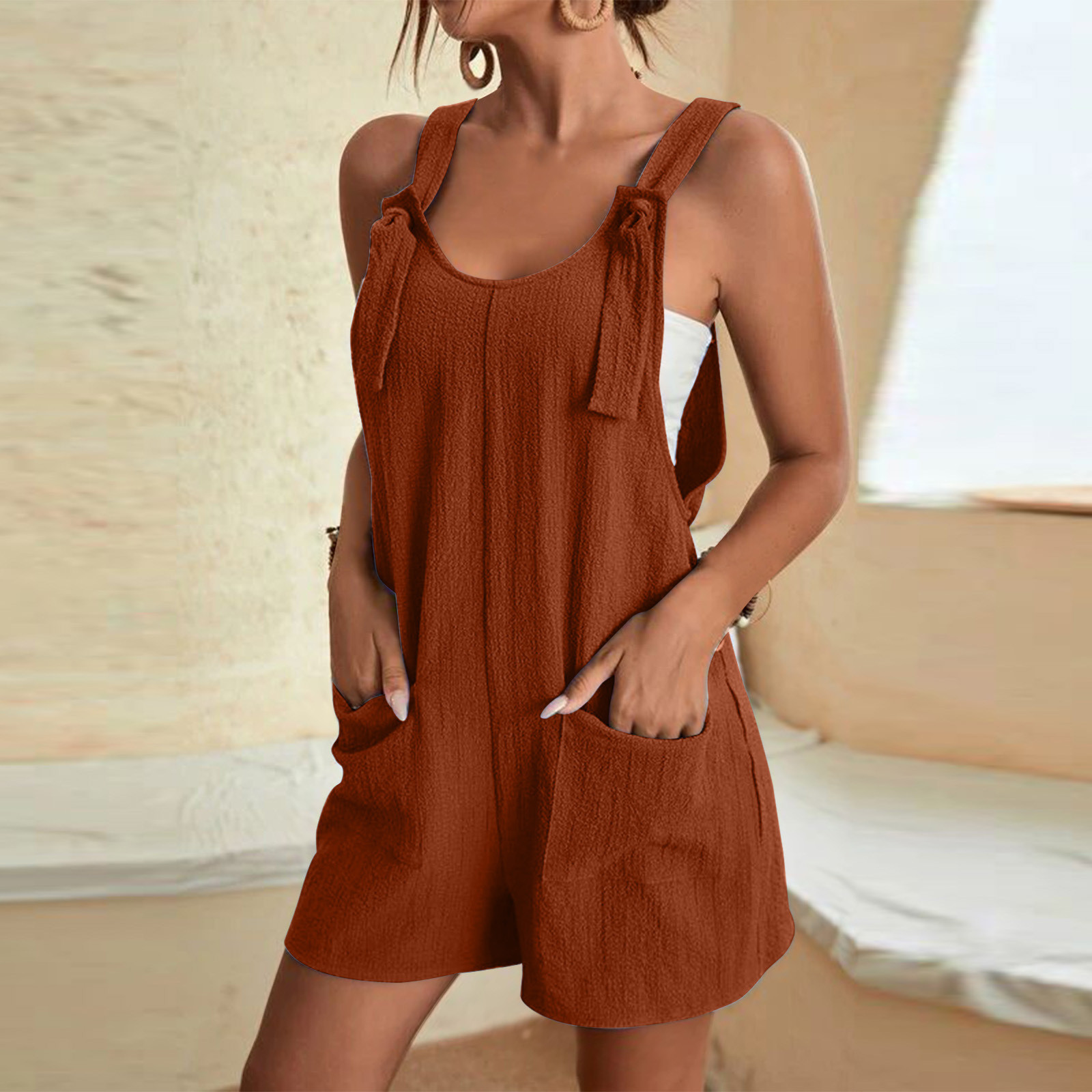 Women Loose Style Overalls Boho Solid Color