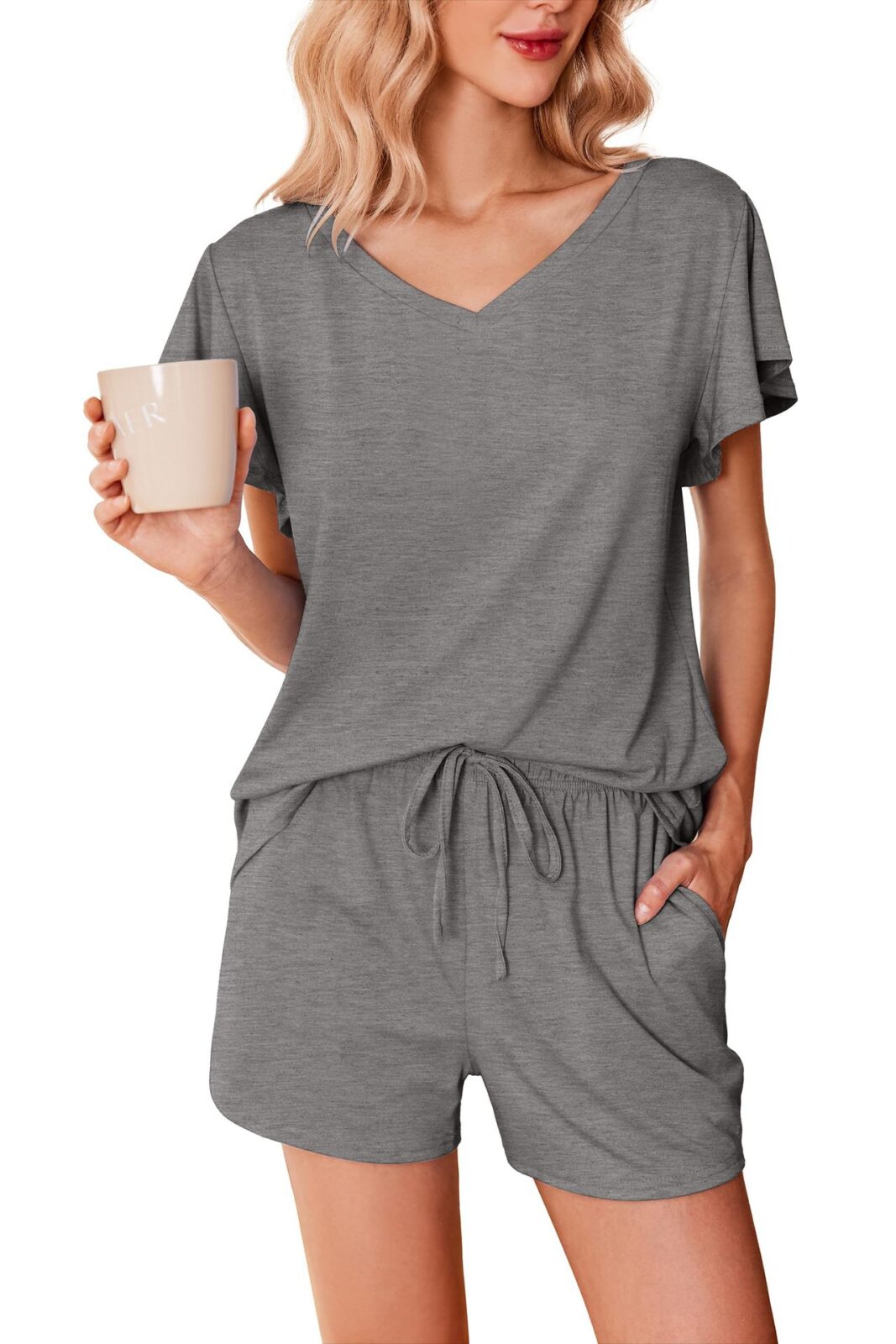 Women's Pajamas Set Ruffle Sleeves Sleepwear V Neck