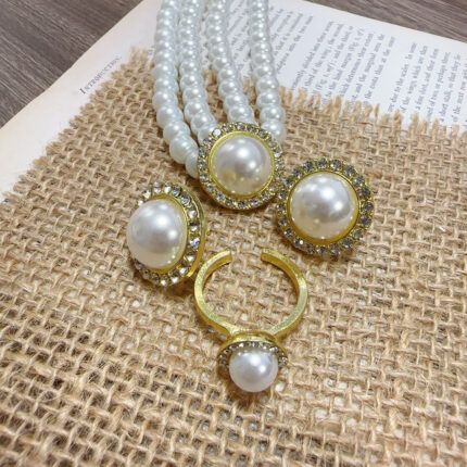 Elegant Big White Imitation Pearl Necklace Earring Ring Jewelry Set