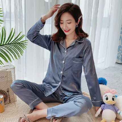2 Pieces Women Silk Satin Long Sleeve Pajamas