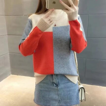 Winter Women Patchwork Knitted Warm Sweater