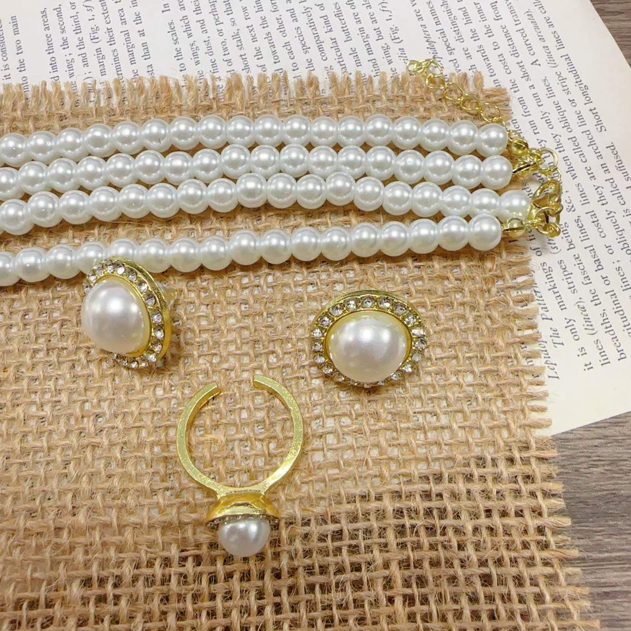 Elegant Big White Imitation Pearl Necklace Earring Ring Jewelry Set