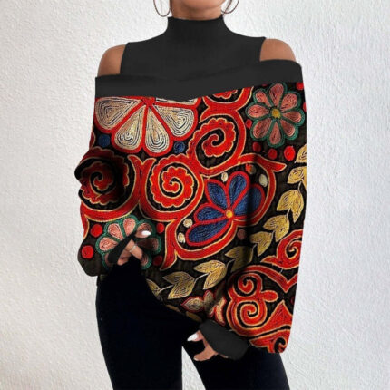 Women's Blouse Shirt New clothing with shoulder drop design, women's lantern sleeve printed top