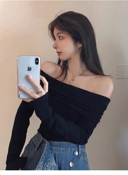 Vintage Slash Neck Pullover Women Korean Fashion Slim Long Sleeve Short Blouses Ladies Sexy Off Shoulder Club Party Tops