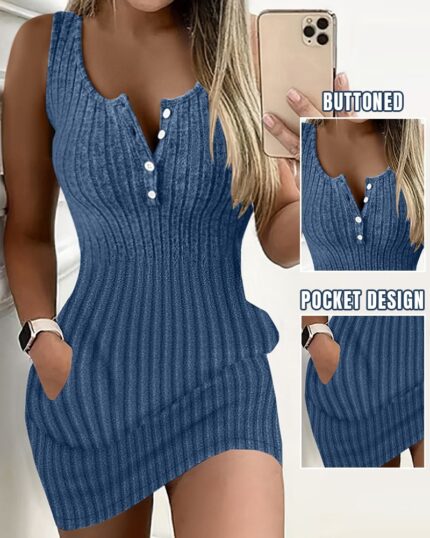 Summer New Women's Casual Buttoned Pocket Design U-Neck Ribbed Bodycon Dress Female Fashion Sleeveless Skinny Mini Dresses