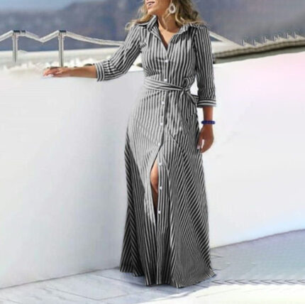 Autumn New Fashion Long Sleeved Striped Print Lace-Up Shirt Dress For Women Lapel Single Breasted Split Maxi Dress Femme Robe