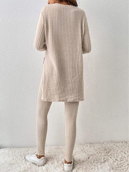 Women's Casual Ribbed Pants Set, Long Sleeved
