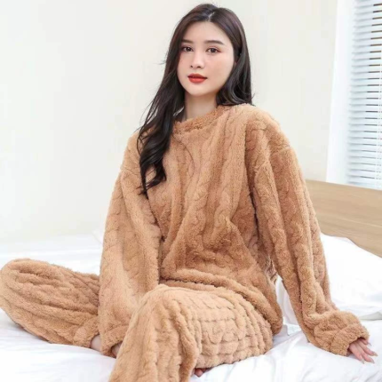 Autumn Women Solid Warm 2 Piece Sets Thicken Velvet Ribbed Fleece Set Pullover And Pants Women Casual Pajama Sets 2023