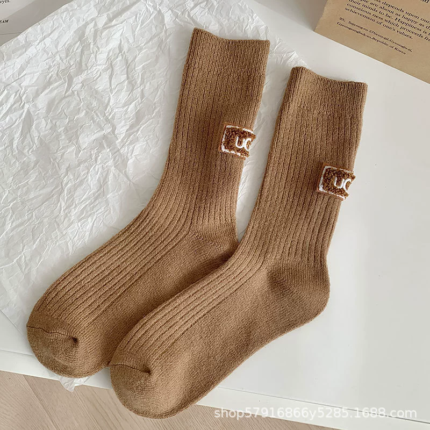 4 Pairs Winter Socks Women Cashmere Wool Socks Warm Thickened Pile Embroidered Logo Solid Mid-Calf Socks Casual Snow Boot Sock