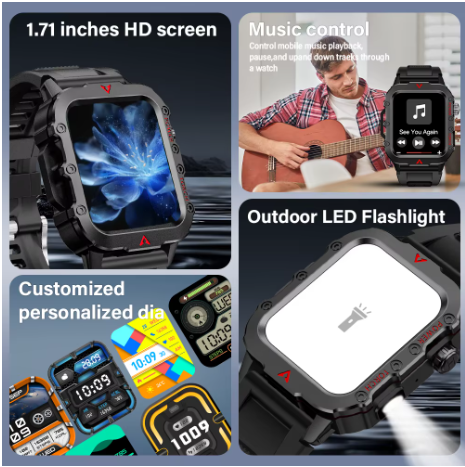 LAXASFIT Men's Smart Watch with LED Flashlight and Health Monitoring