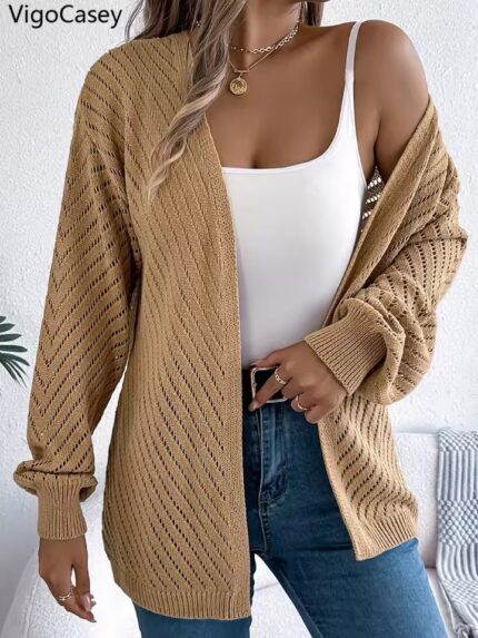 VigoCasey 2025 Autumn Winter Female Solid Sweater Cardigan Women Long Sleeve Cardigan Lady Hollow Loose Knitted Coat Outwears