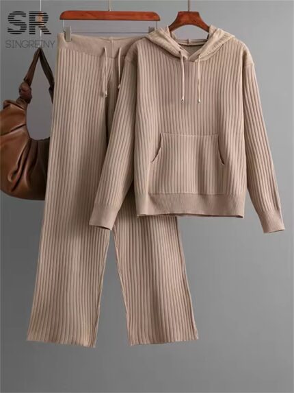Casual Knit Two Pieces Suits Women Long Sleeve Hoodie+Wide Legs Pants Solid Winter Elastic Loose Sweater 2pcs Set