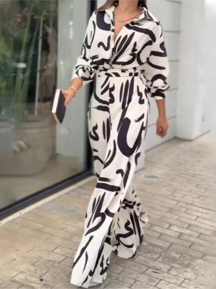 Autumn Black White Print Jumpsuits Women Long Sleeve V-neck High Waist Wide Leg Jumpsuit Fashion Lady Commuting Clothing