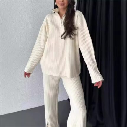 2025 Winter Women's Zipper High Neck Ribbed Two Piece Set Casual Pullover Warm Tops High Waist Split Wide Leg Trousers Women