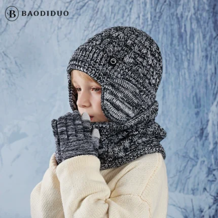 3pc Kids Winter Hat Scarf Glove Set Unisex Children Beanie Cap Knitted Scarf Cap Ear Protection Winter Fleece Warm Hat for Baby