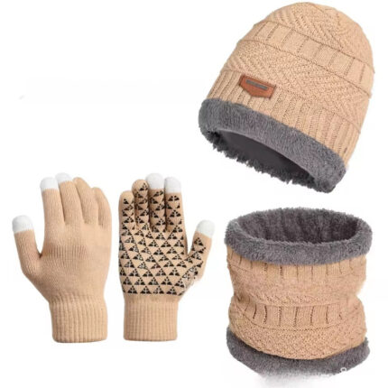 Men's knitted hat three-piece wool hat cross-border hat scarf integrated fleece thermal hat touch screen gloves