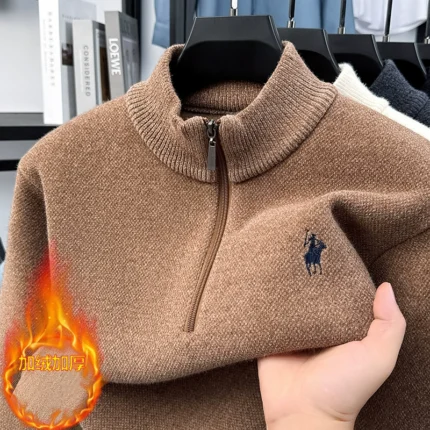 High quality half zip collar sweater men's fashion designer brand horse riding embroidery winter with plush warm knit pullover