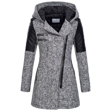 Women's Autumn Winter Thickened Woolen Coat Hooded Loose Diagonal Zipper Jacket Full Sleeve Length Poly Fiber Material