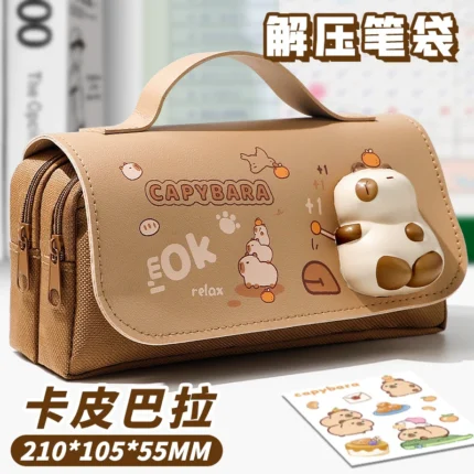 Capybara 3-layer Large Capacity Pencil Case Organizer for Girls Portable Pencil Pouch Bag Students Stationery