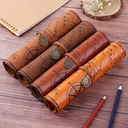 Vintage Treasure Map Pencil Case, Leather Roll-Up Pouch w/ Embossed Buckle, Large Capacity School Office Organizer (Gift)