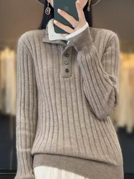 High Quality Women Autumn Winter Casual Turn-down Collar Pullover Cashmere Sweater 100% Merino Wool Knitwear Clothing Tops