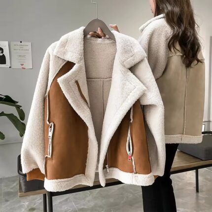 Autumn Winter Women's Coats New Casual Loose Patchwork Outerwear Harem Korean Vintage Crop Pockets Lambhair Jacket Women