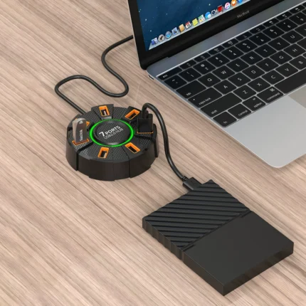 7-Port High-Speed USB 2.0 Hub with LED, Multi-Port Splitter Power for PC Laptop, Keyboards, Mice, 1.2m Power Adapter