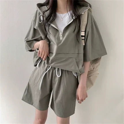 2025 New Hoodie Women Suits 2 Pcs Sets Sport Shorts Set Three-quarter Sleeve Loose Outfit Elastic Waist Lady Outdoor Tracksuit