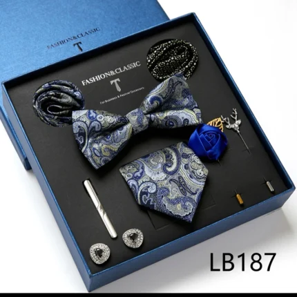 8-piece Set Bussiness Blue Ties For Mans Floral Brooches Pin Cufflinks Tie Clips Butterfly Bowtie Wedding Accessori Gift Box Set