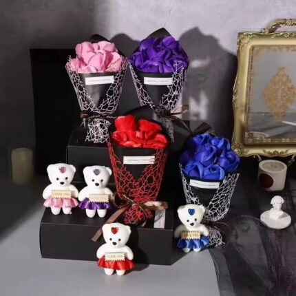 7 simulation rose bouquet bear gift box handmade fake flower bouquet Christmas birthday party gift home decoration