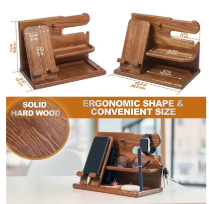 Wooden Desk Organizer Phone Holder Keys Wallet Glasses Watch Stand Office Desktop Bedside Organizer Jewelry Storage Rack Gifts