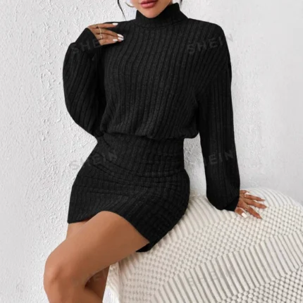 Women's Autumn Winter Fashion High Neck Knitted Sweater Dress Female Casual Solid Loose Long Sleeve Warm Mid Length Dresses