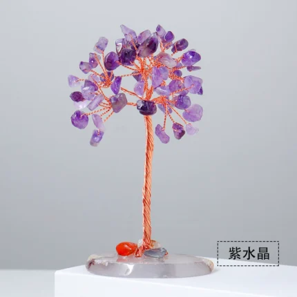 Super Mini Crystal Money Tree Copper Wire Wrapped W/ Agate Slice Base Healing Gemstone Yoga Feng Shui Trees Home Crystal Decor