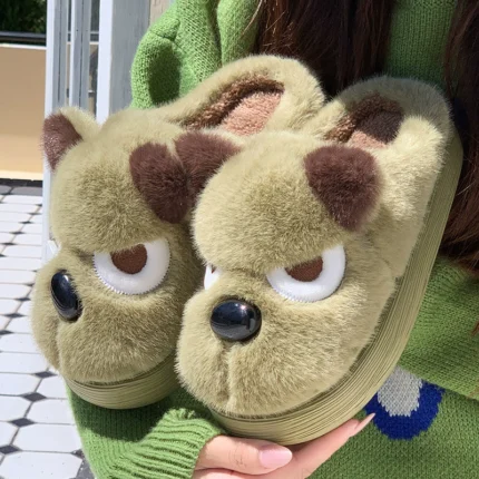 Husky Dog Faux Fur Couple Winter Slippers Chunky Platform Non Slip House Shoes Woman Comfort Fluffy Plush Outdoor Slippers Women