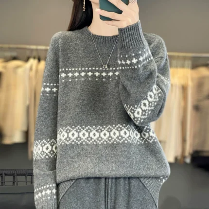 100% Wool 2025 Knitted Women Sweater O-neck Long Sleeve Warm Loose Oversize Sweaters Female Winter Casual Elegant Lady Clothes