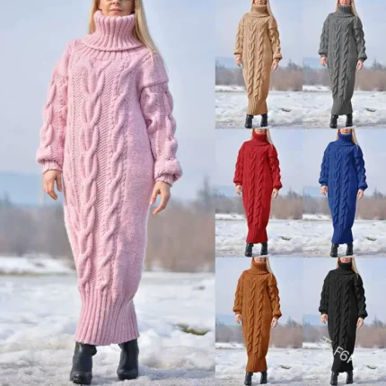 2025 Autumn Winter Solid Color Turtleneck Pullover Twisted Loose Knitted Sweater Long Dress Sweater for Women