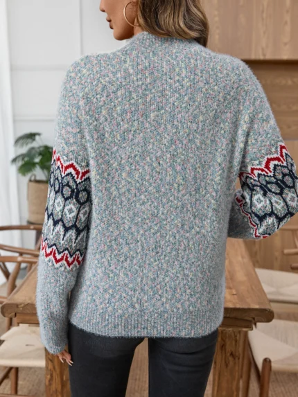 Women's Autumn and Winter New Pullover Half Turtleneck Jacquard Long-sleeved Sweater Casual Loose Knitted
