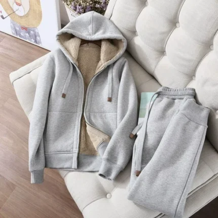 Women's Winter Thickened Fleece-Lined Casual Sportswear Simple Solid Color Slimming Long Sleeve Hooded Short Jacket Sweatpants T