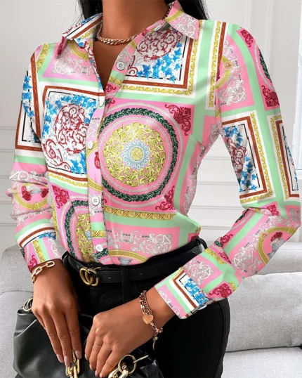 Women Fashion Wild Shirts Chain/Floral/Letter/Geometric Square Print Blouses