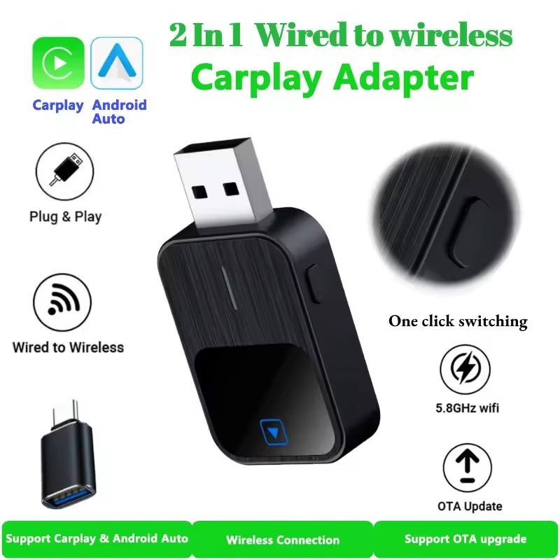 2-in-1 Wireless CarPlay Adapter – Wired-to-Wireless CarPlay & Android Auto AI Box Dongle