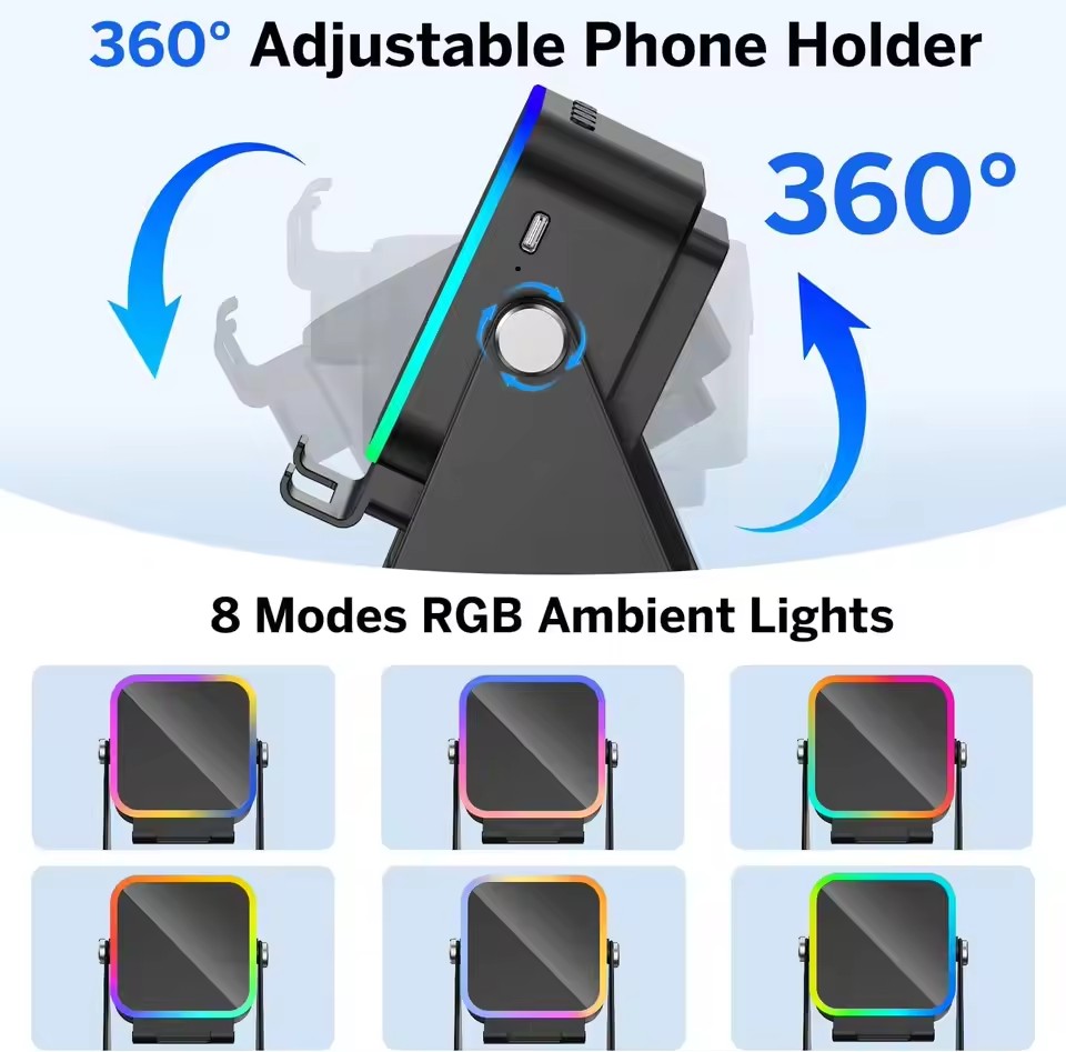 5-in-1 Wireless Bluetooth Speaker & Phone Holder – Auto-Induction Charging Stand with RGB Lights