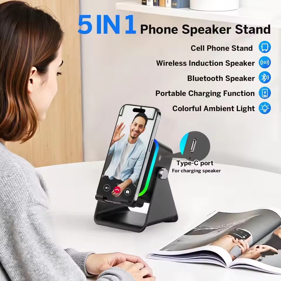 5-in-1 Wireless Bluetooth Speaker & Phone Holder – Auto-Induction Charging Stand with RGB Lights