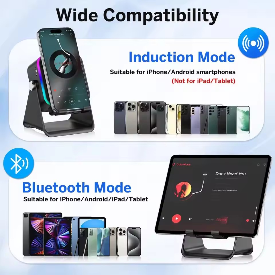 5-in-1 Wireless Bluetooth Speaker & Phone Holder – Auto-Induction Charging Stand with RGB Lights