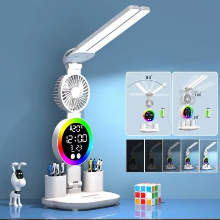 LED Table Lamp with Fan & Clock Display – Adjustable Brightness Reading Desk Light