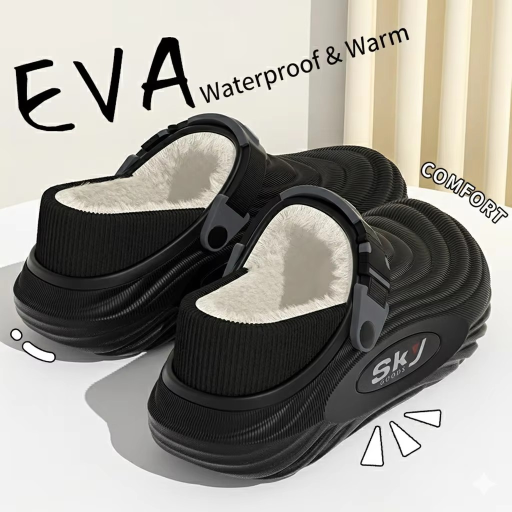 "Men's Winter Warm Waterproof EVA Slippers Thick Sole 4CM Anti Slip Fur Lined Indoor Outdoor Shoes For Comfort "