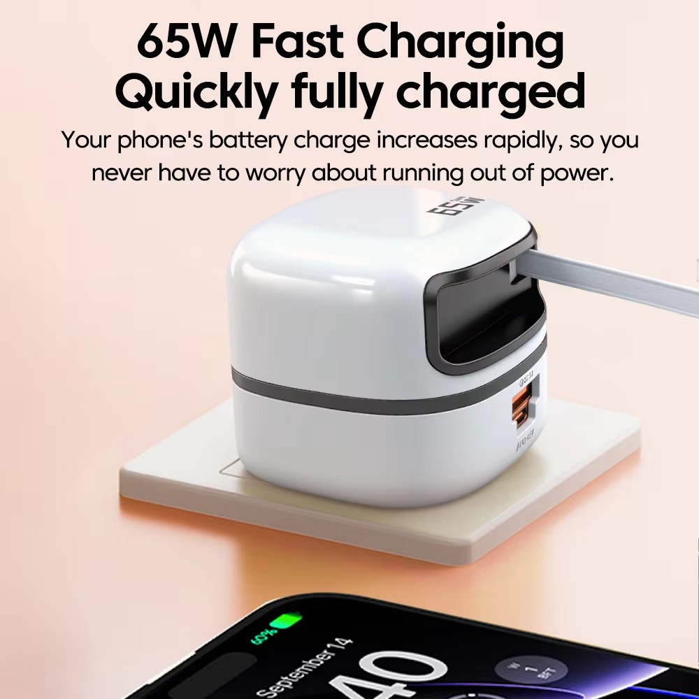Elough 65W USB Type-C Fast Charger with Retractable Cable