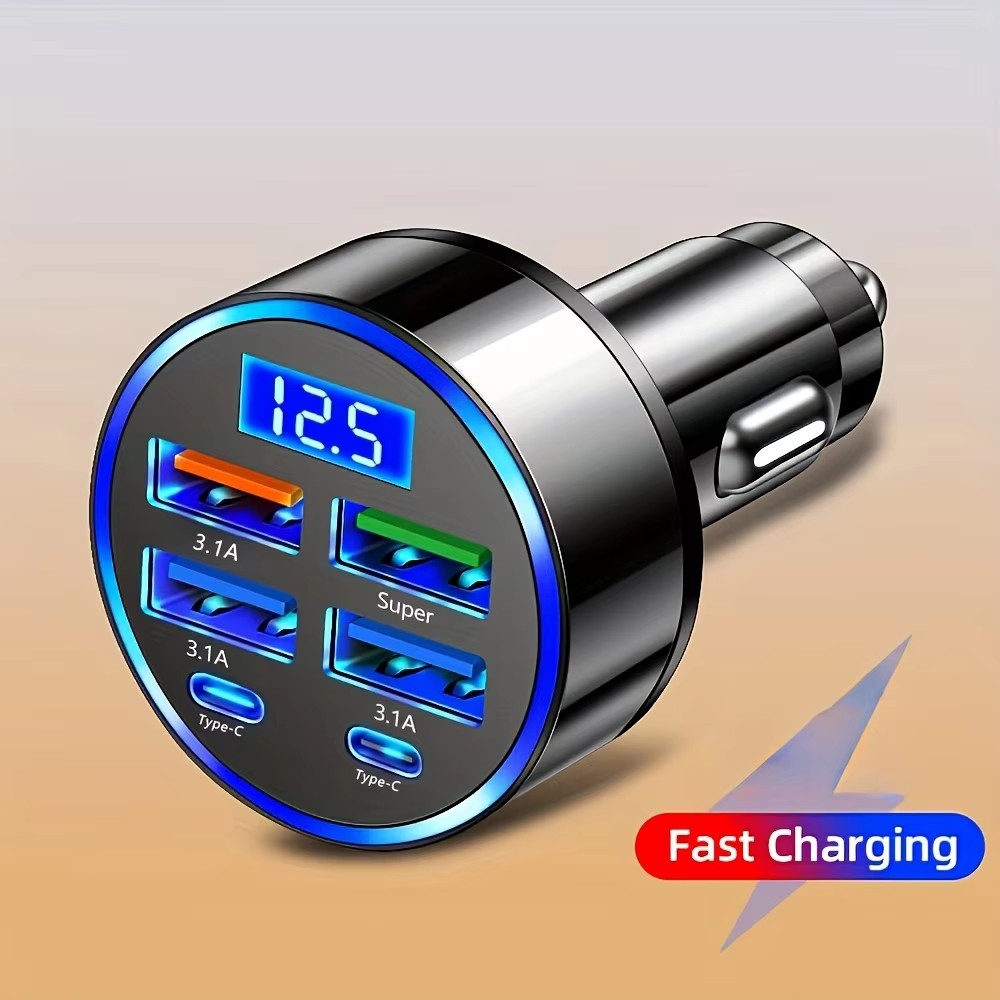 6-in-1 Fast Charging Car Adapter – 3.1A USB & Type-C Charger