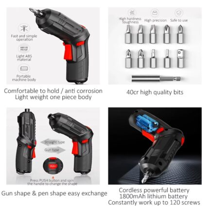 Portable Electric Screwdriver Cordless 2 in 1 Rotated 90 Degrees Rechargeable Screwdriver with LED