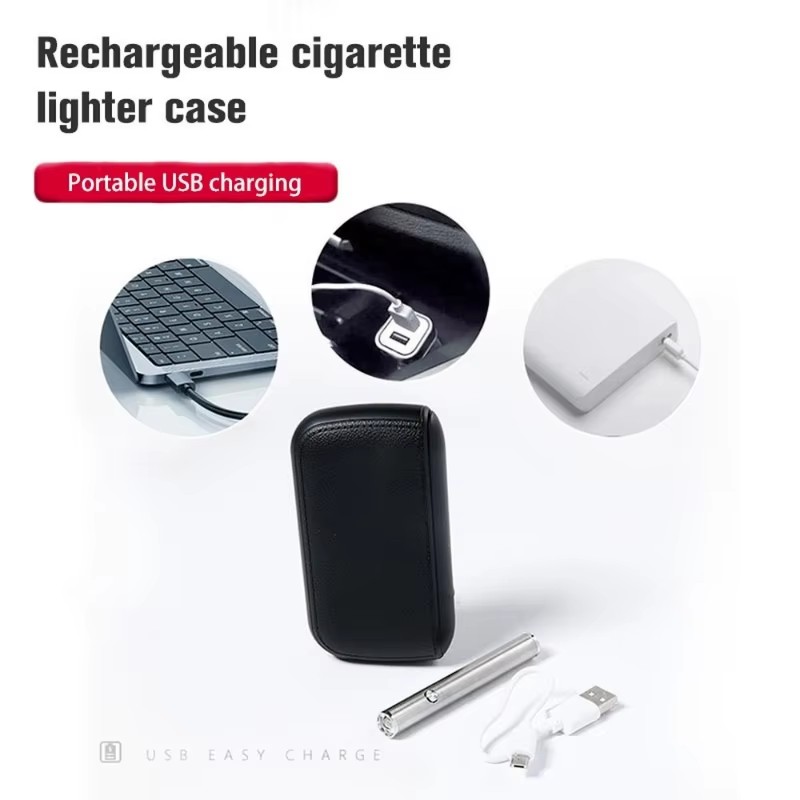 USB Rechargeable Cigarette Case with Electric Lighter – Imitation Leather